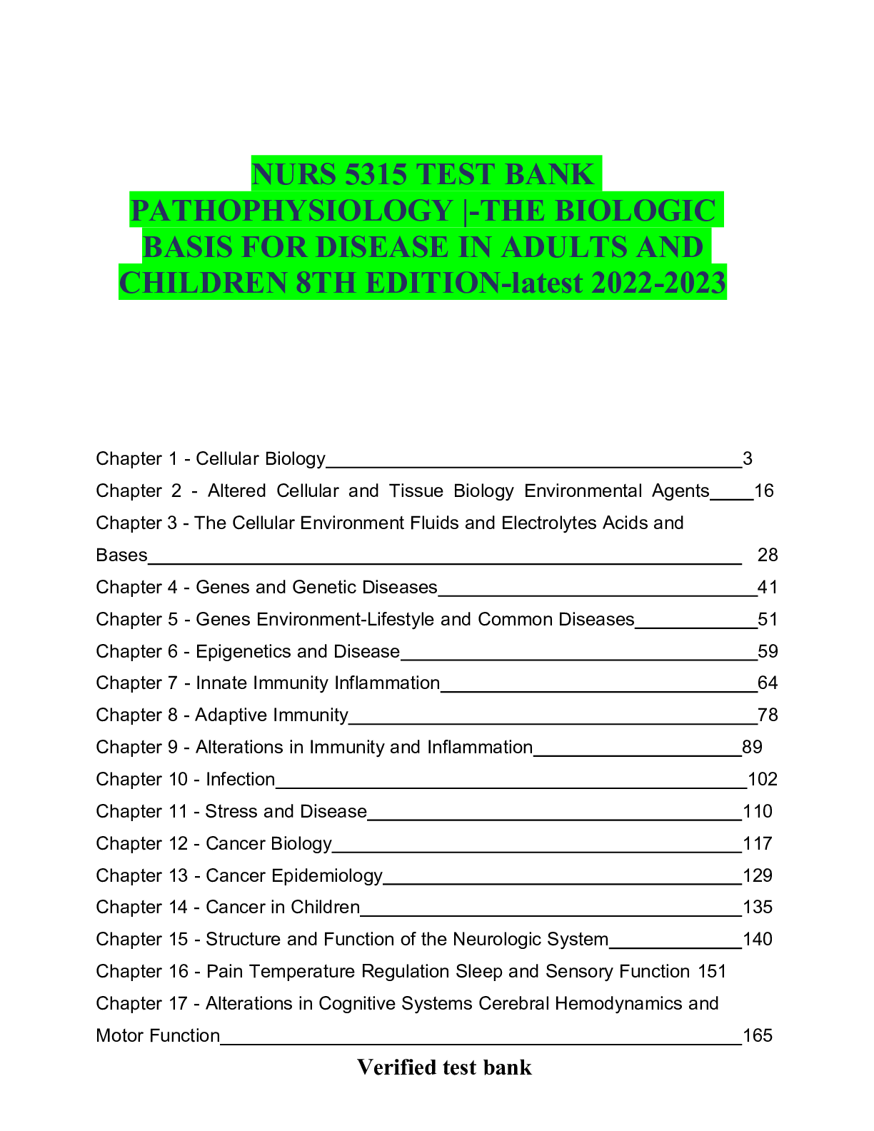 Preview image for NURS 5315 TEST BANK PATHOPHYSIOLOGY |-THE BIOLOGIC BASIS FOR DISEASE IN ADULTS AND CHILDREN 8TH EDITION LATEST UPDATED